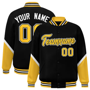 Custom Black Gold Varsity Full-Snap Color Block Letterman Baseball Jacket