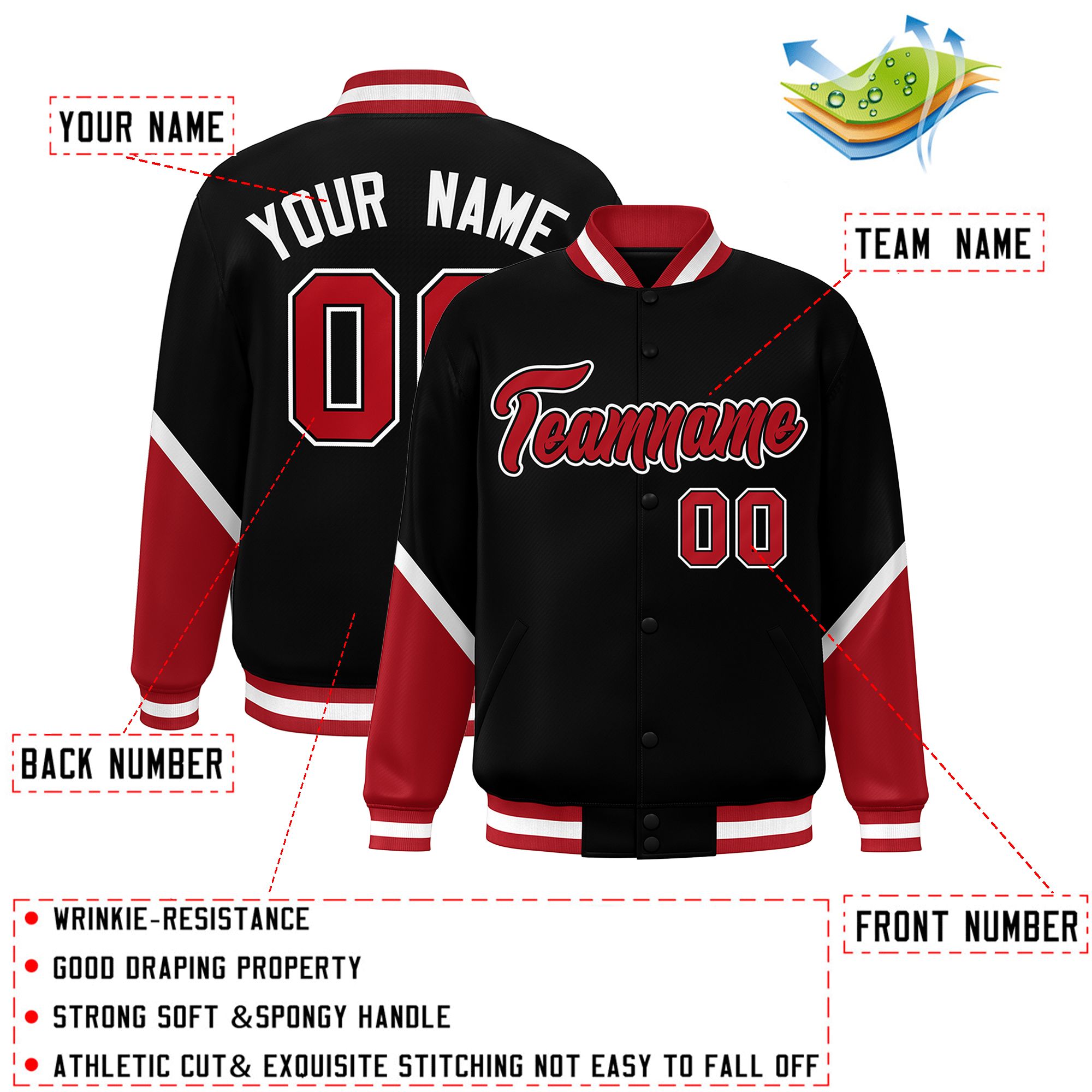 Custom Black Red Varsity Full-Snap Color Block Letterman Baseball Jacket