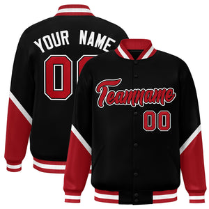 Custom Black Red Varsity Full-Snap Color Block Letterman Baseball Jacket