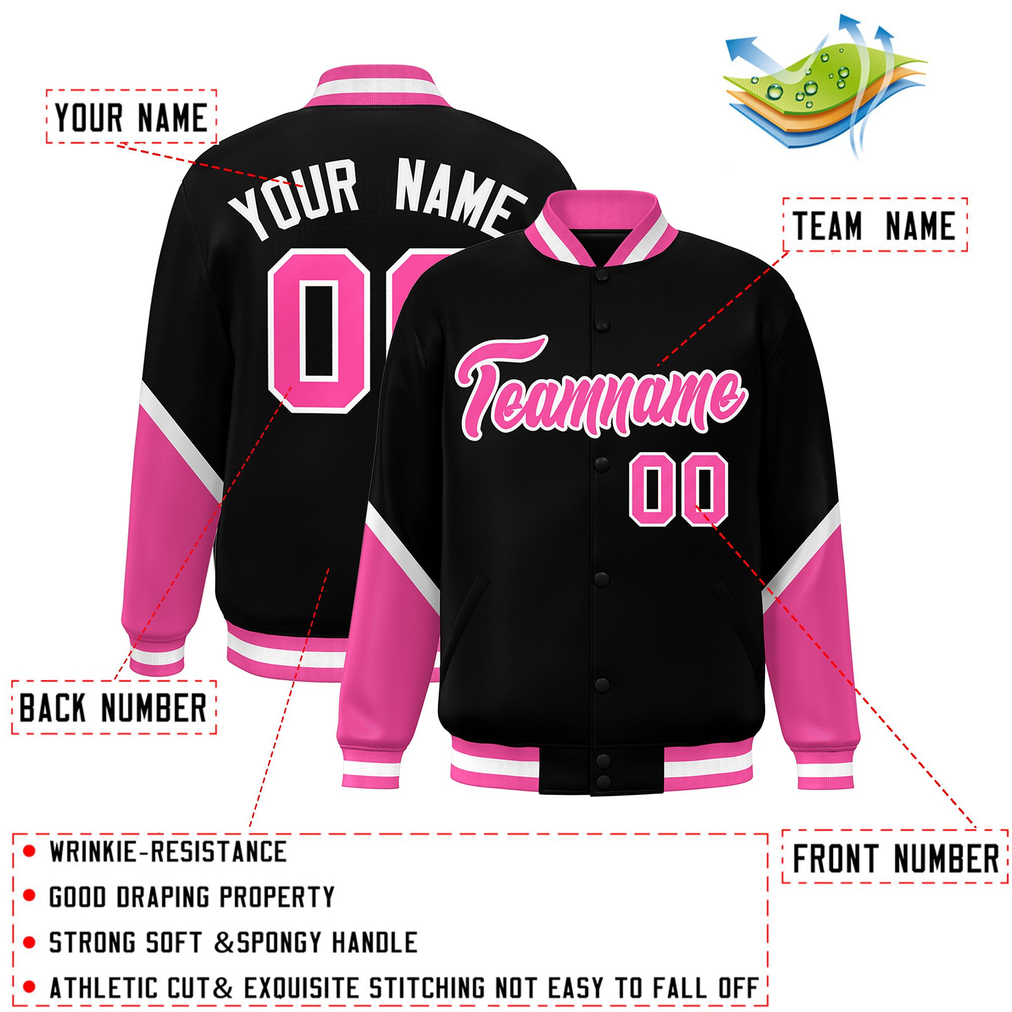 Custom Black Pink Varsity Full-Snap Color Block Letterman Baseball Jacket