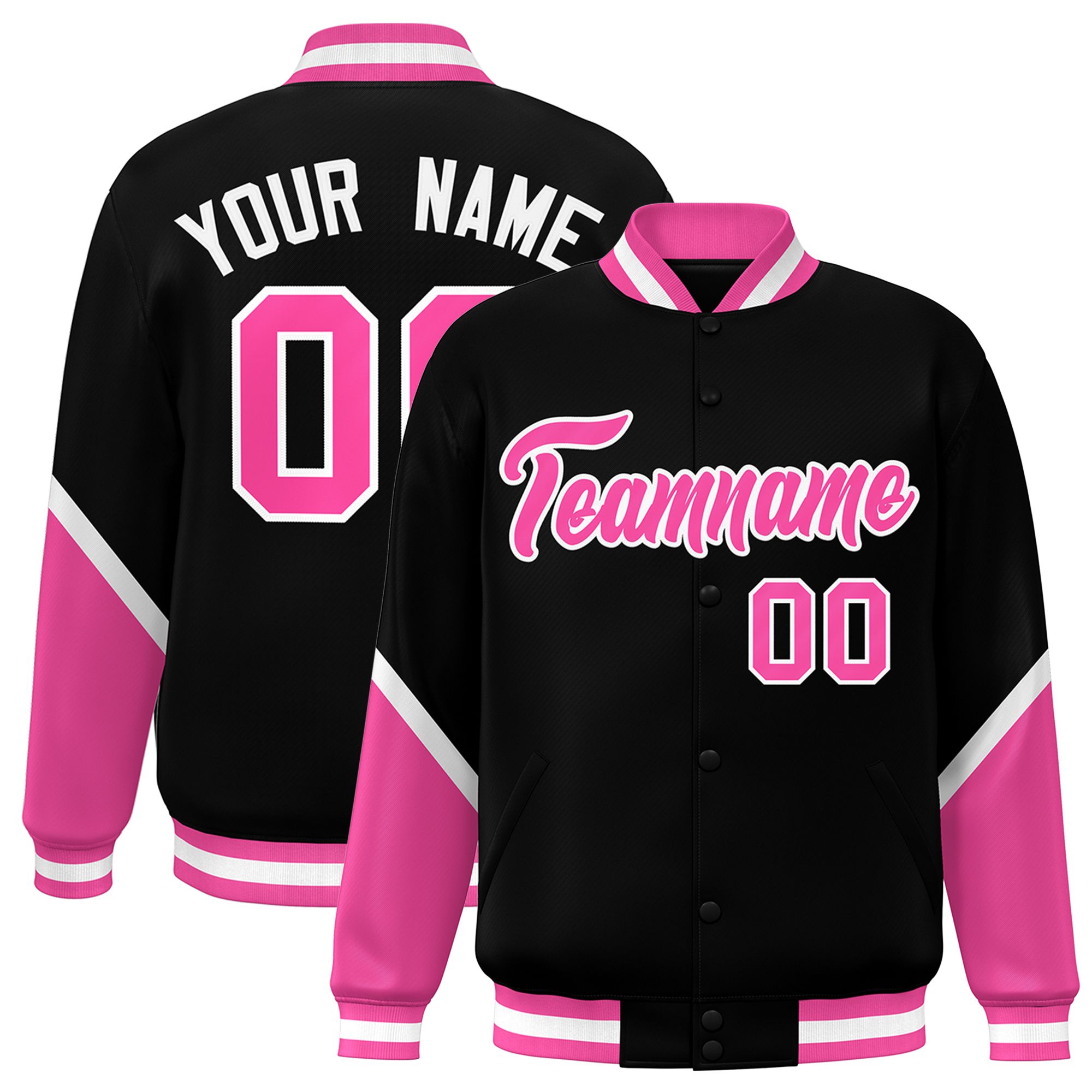 Custom Black Pink Varsity Full-Snap Color Block Letterman Baseball Jacket