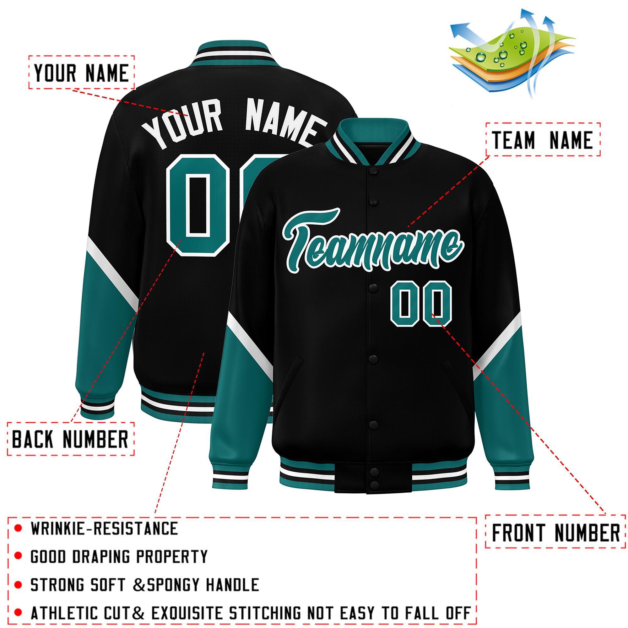 Custom Black Aqua Varsity Full-Snap Color Block Letterman Baseball Jacket