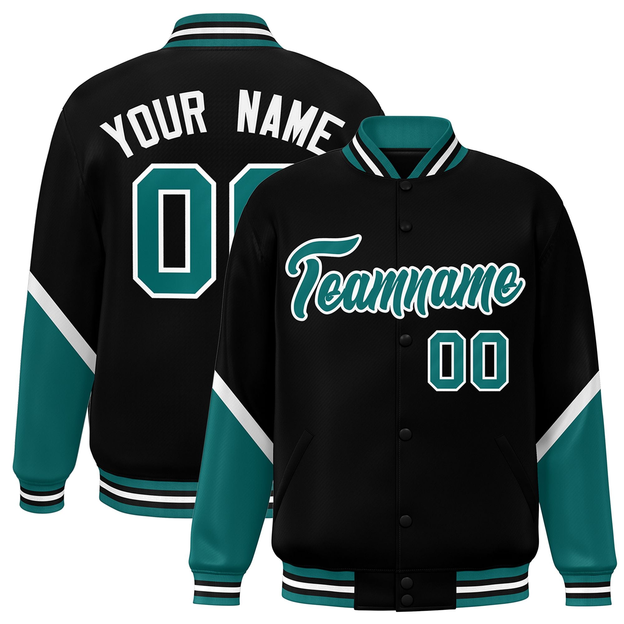 Custom Black Aqua Varsity Full-Snap Color Block Letterman Baseball Jacket