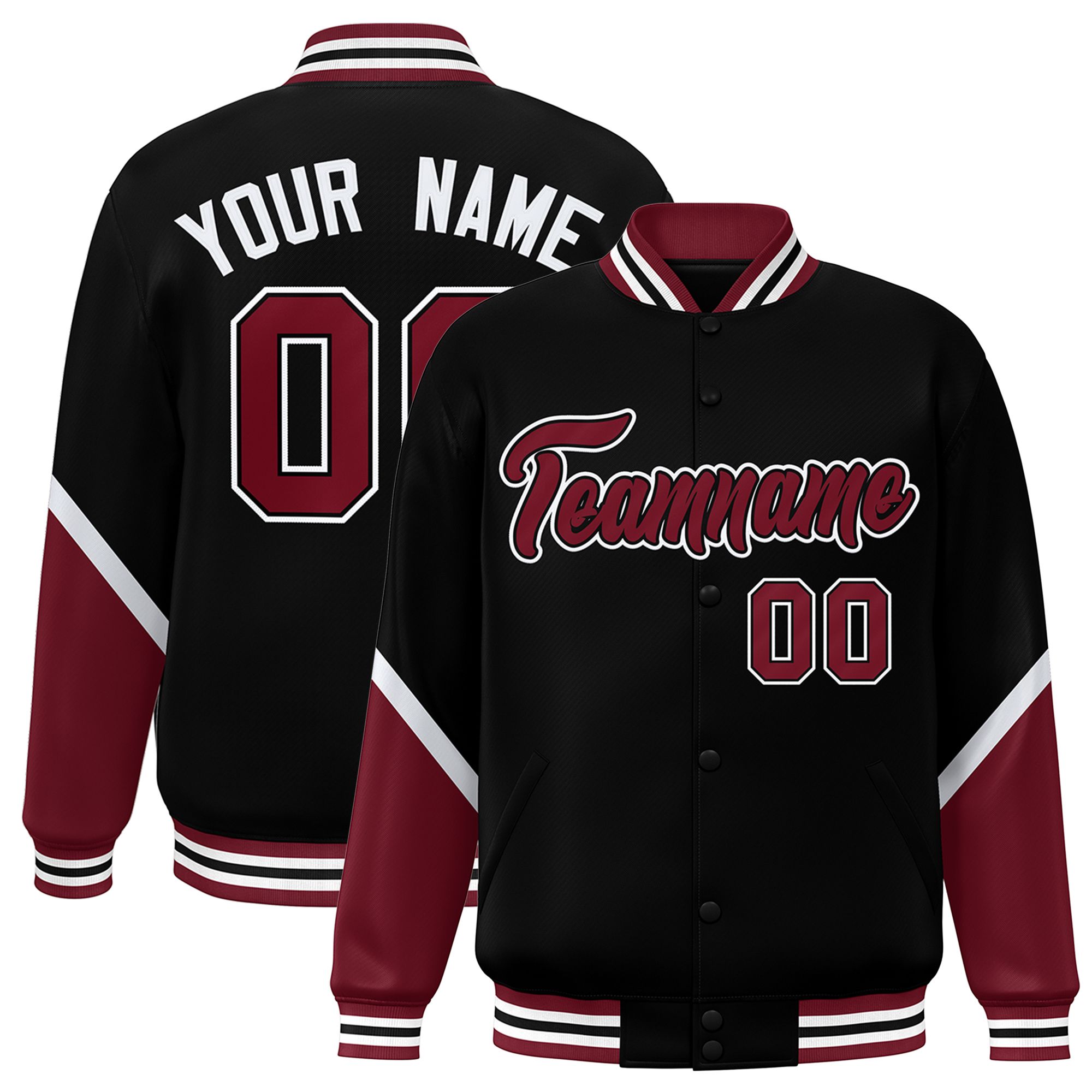 Custom Black Crimson Varsity Full-Snap Color Block Letterman Baseball Jacket