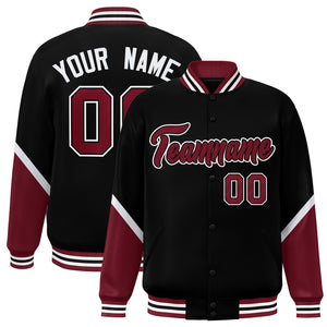 Custom Black Crimson Varsity Full-Snap Color Block Letterman Baseball Jacket