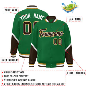 Custom Kelly Green Brown Varsity Full-Snap Color Block Letterman Baseball Jacket