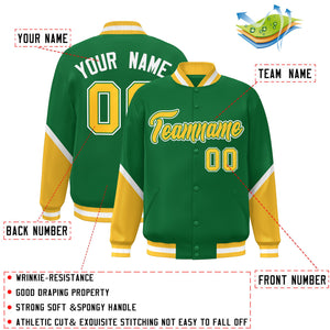 Custom Kelly Green Gold Varsity Full-Snap Color Block Letterman Baseball Jacket