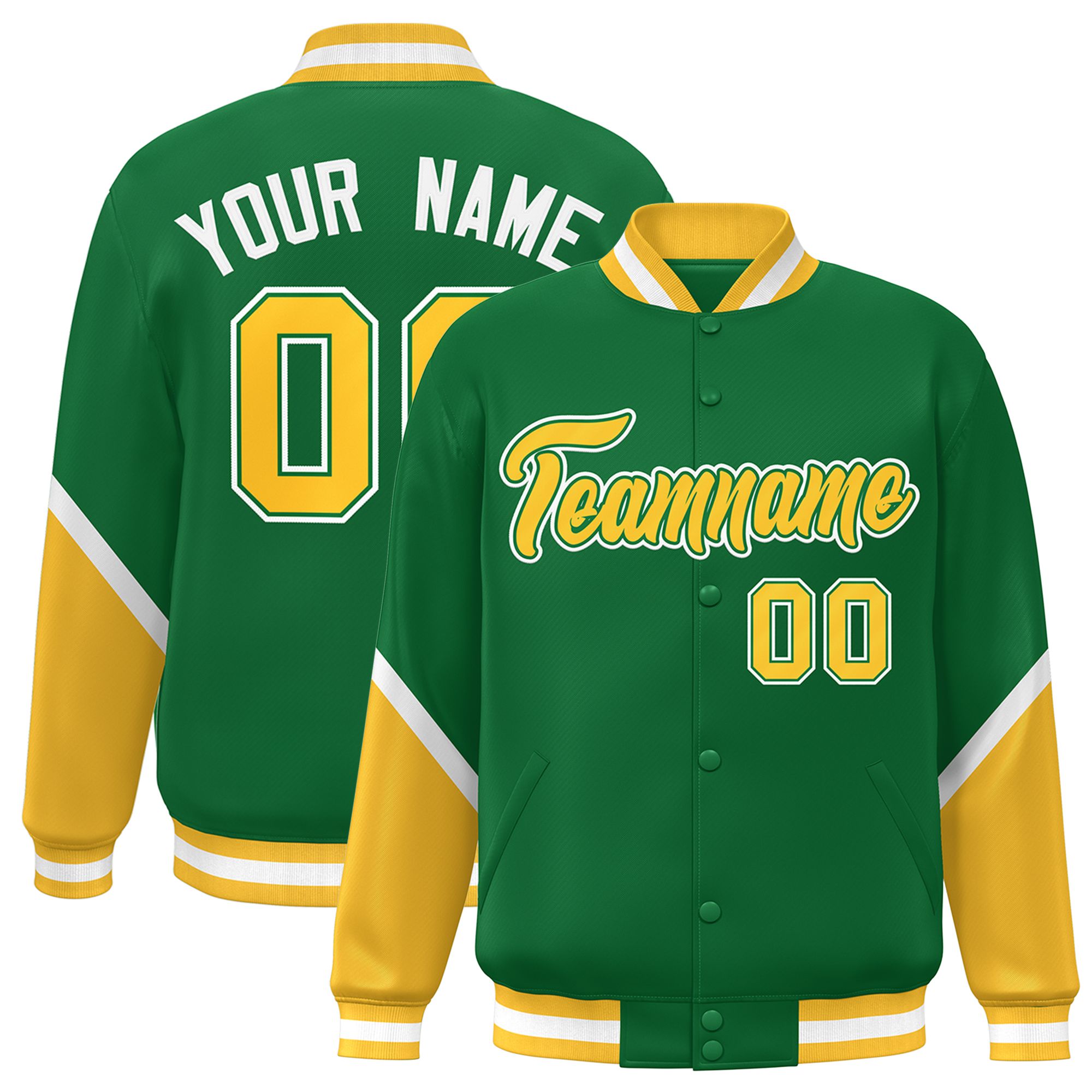 Custom Kelly Green Gold Varsity Full-Snap Color Block Letterman Baseball Jacket