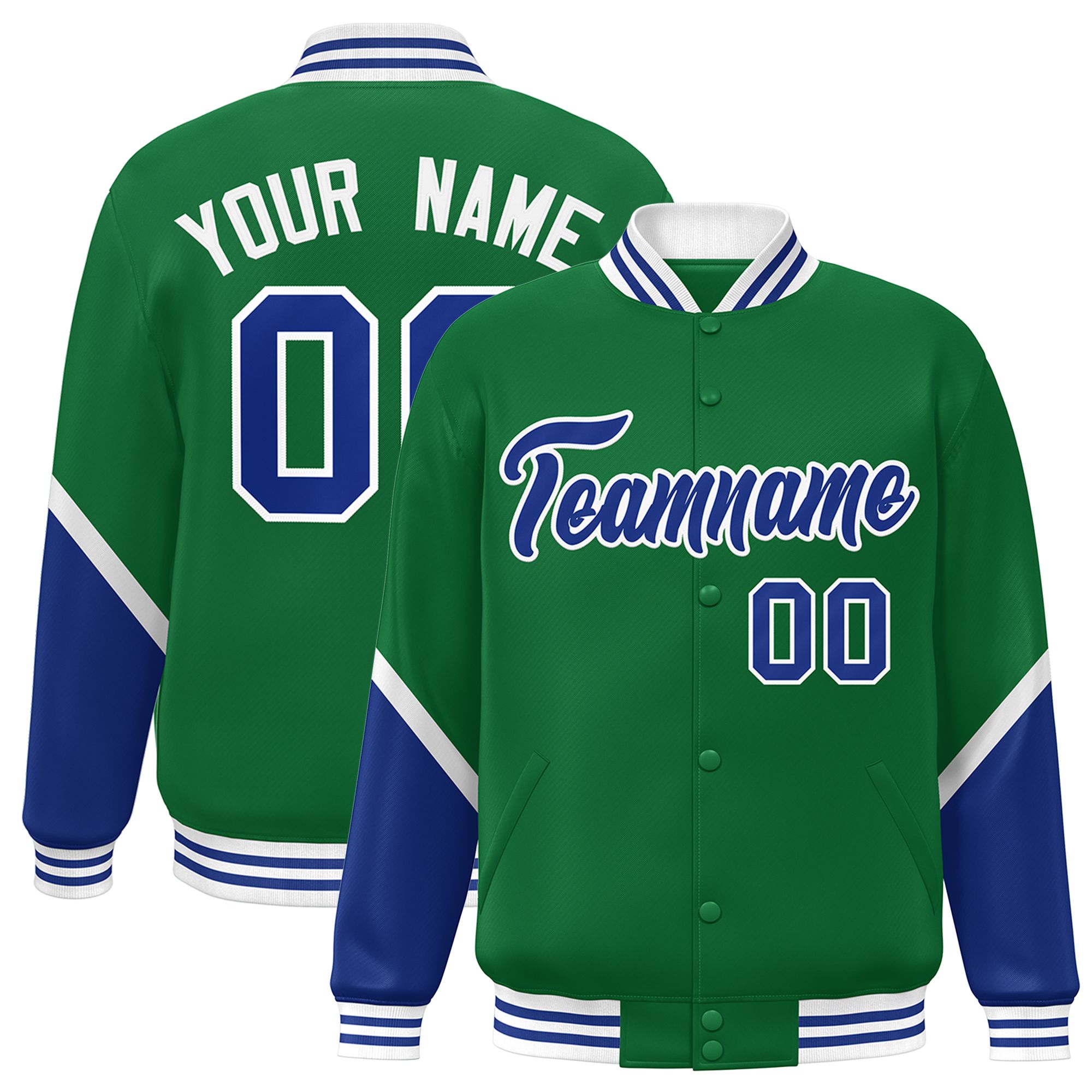 Custom Kelly Green Royal Varsity Full-Snap Color Block Letterman Baseball Jacket