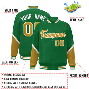 Custom Kelly Green Old Gold Varsity Full-Snap Color Block Letterman Baseball Jacket