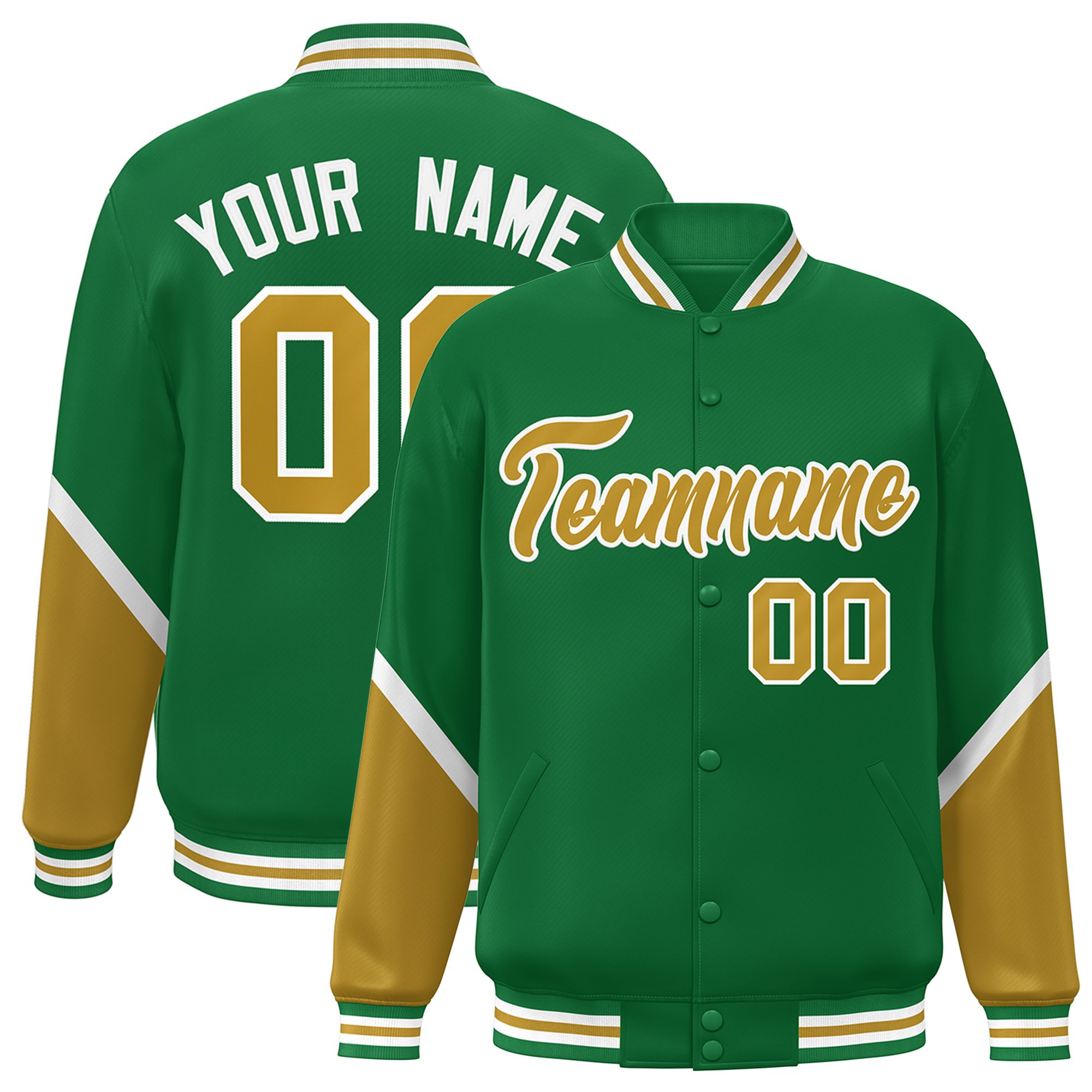 Custom Kelly Green Old Gold Varsity Full-Snap Color Block Letterman Baseball Jacket