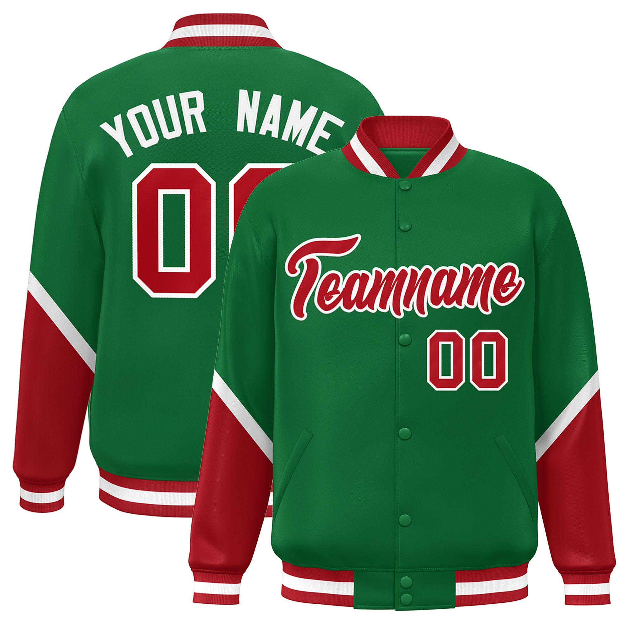 Custom Kelly Green Red Varsity Full-Snap Color Block Letterman Baseball Jacket