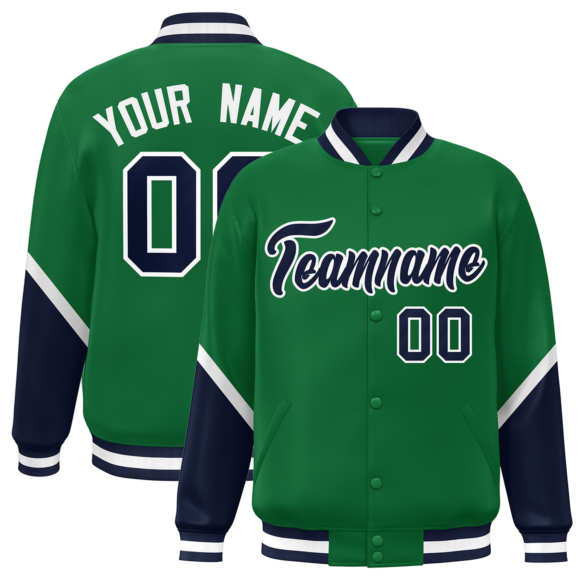 Custom Kelly Green Navy Varsity Full-Snap Color Block Letterman Baseball Jacket