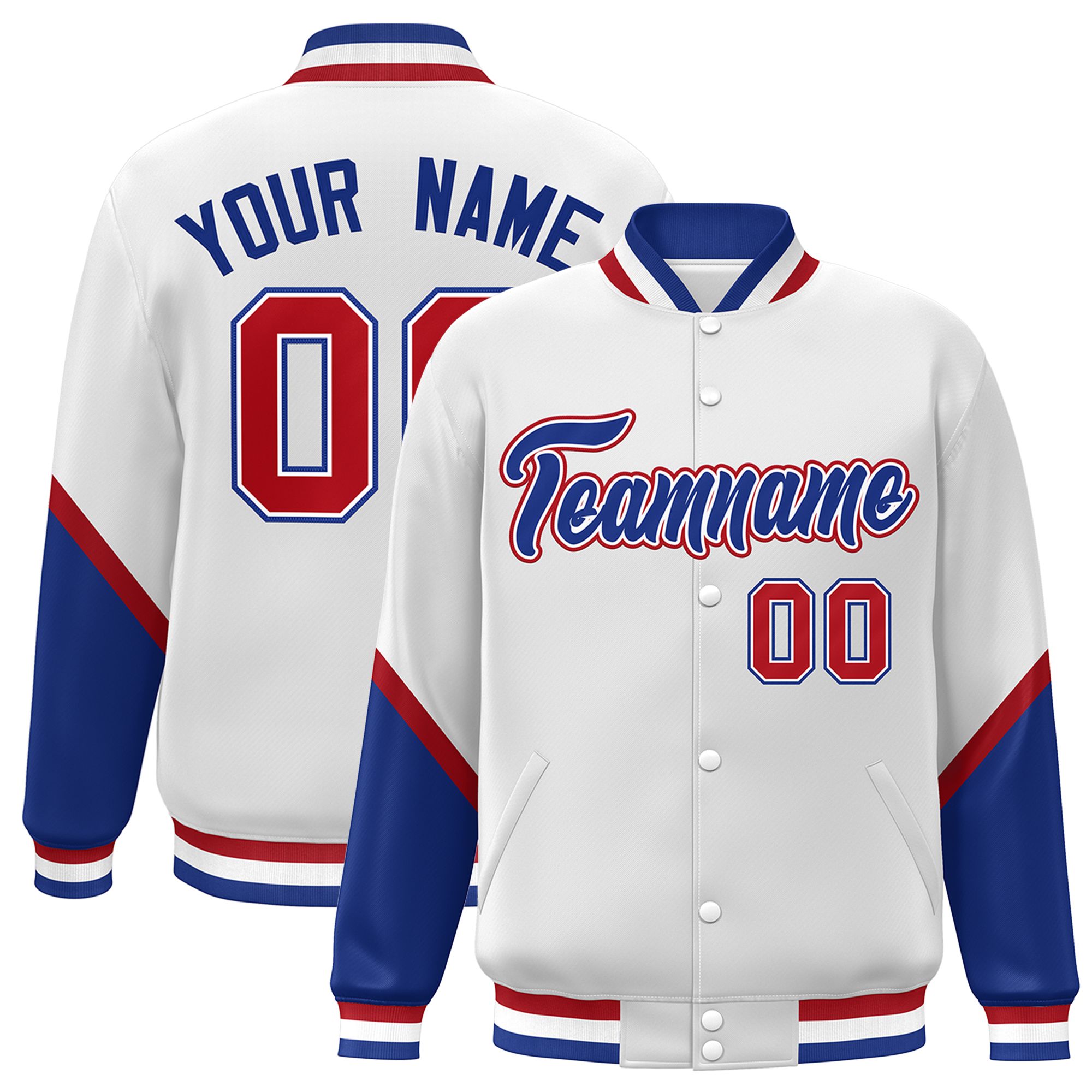 Custom White Royal Varsity Full-Snap Color Block Letterman Baseball Jacket