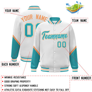 Custom White Aqua Varsity Full-Snap Color Block Letterman Baseball Jacket