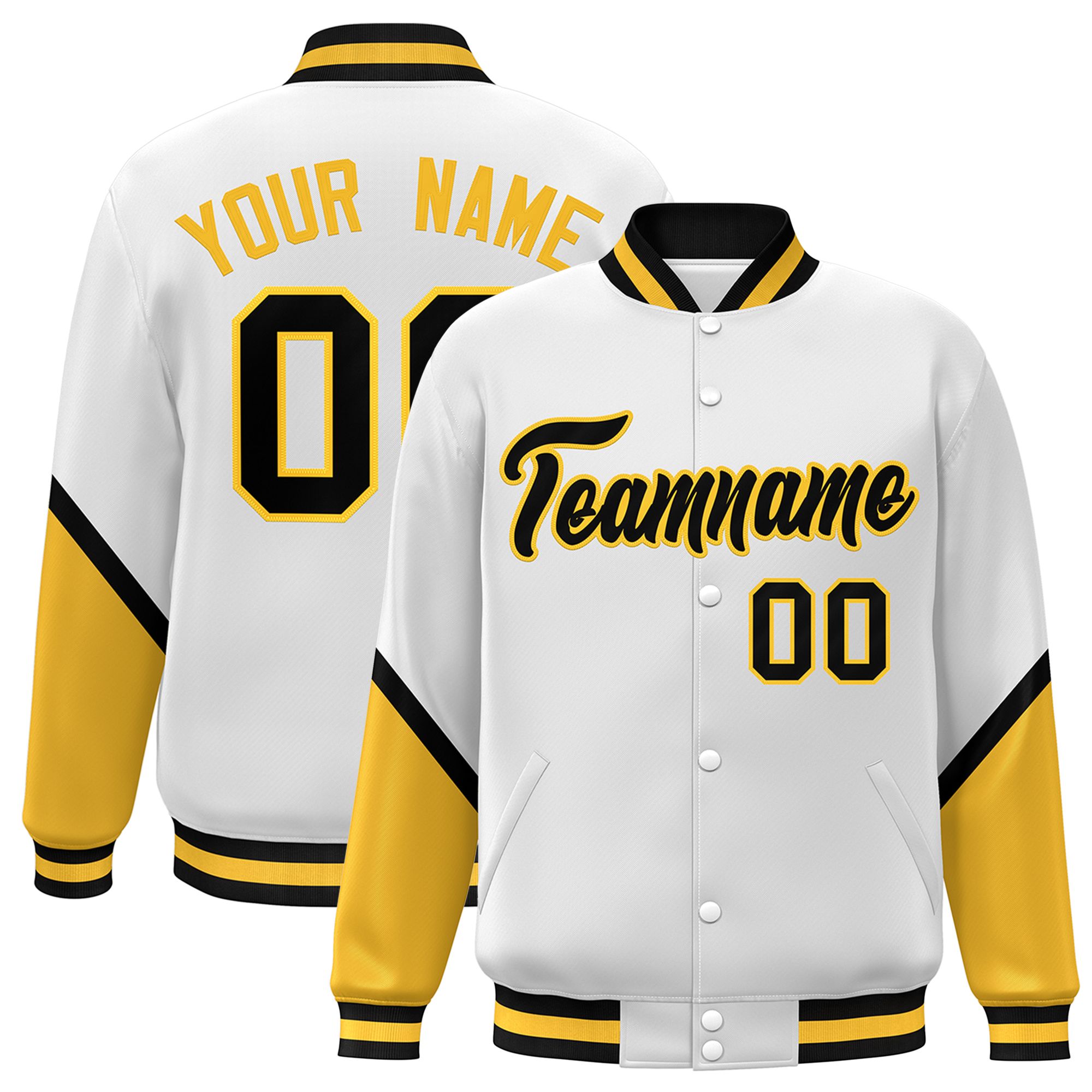 Custom White Gold Varsity Full-Snap Color Block Letterman Baseball Jacket