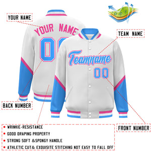 Custom White Powder Blue Varsity Full-Snap Color Block Letterman Baseball Jacket