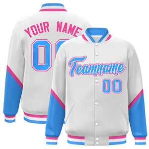 Custom White Powder Blue Varsity Full-Snap Color Block Letterman Baseball Jacket