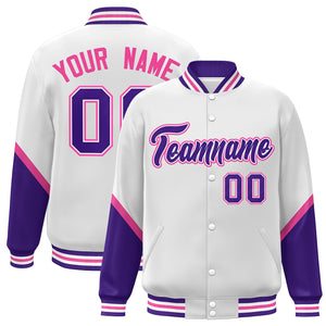 Custom White Purple Varsity Full-Snap Color Block Letterman Baseball Jacket