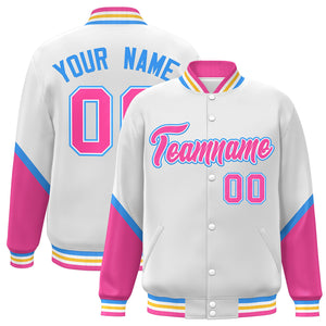 Custom White Pink Varsity Full-Snap Color Block Letterman Baseball Jacket