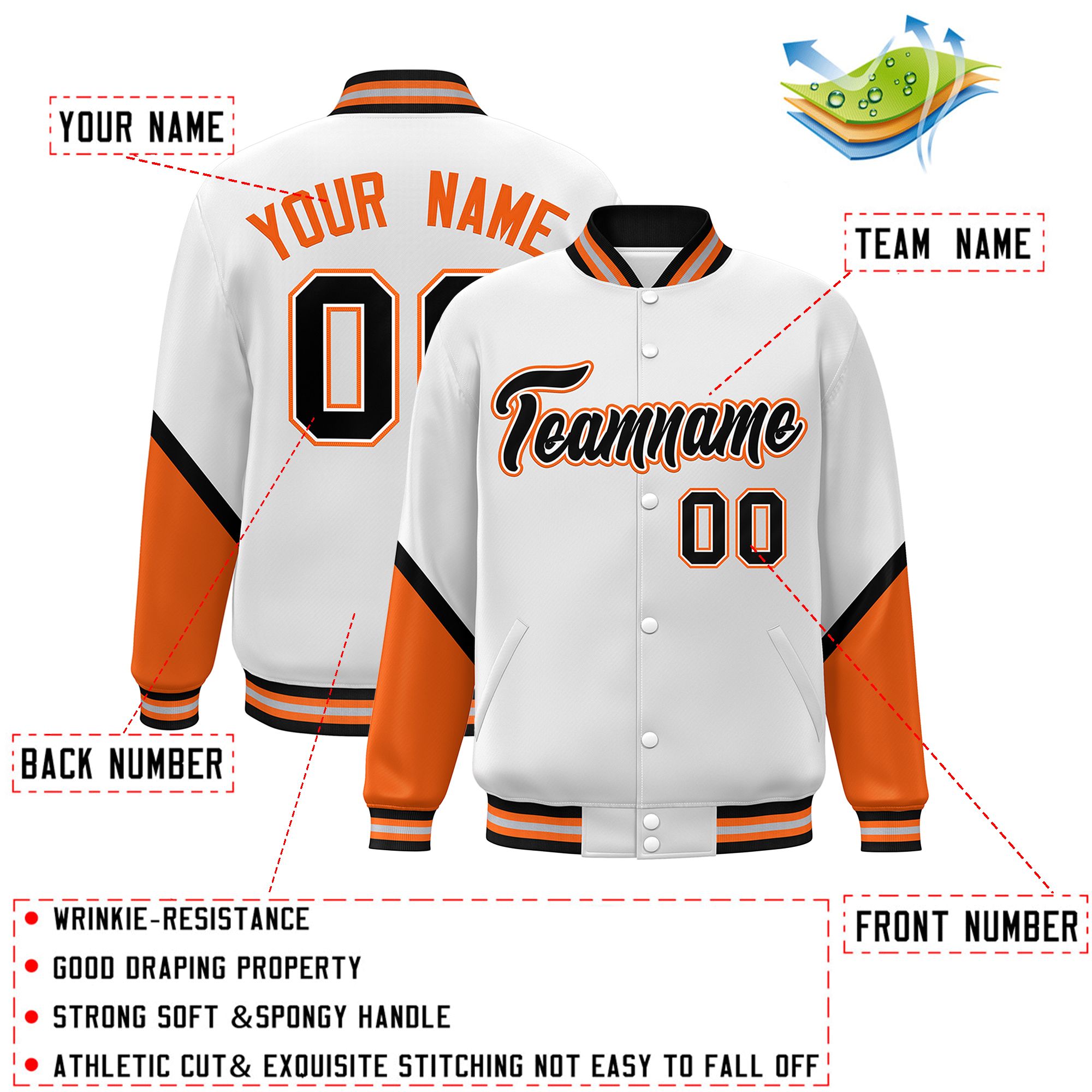 Custom White Orange Varsity Full-Snap Color Block Letterman Baseball Jacket