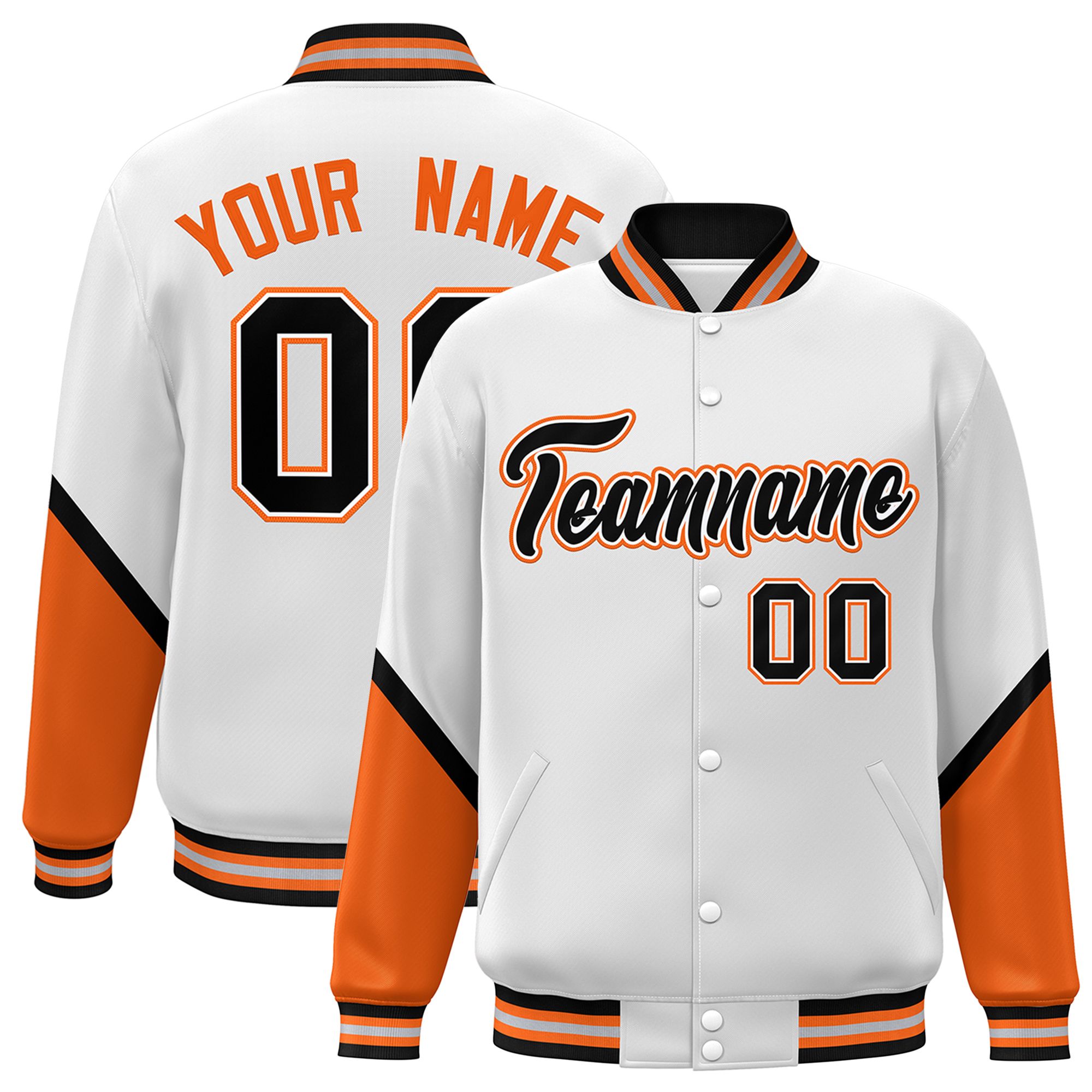 Custom White Orange Varsity Full-Snap Color Block Letterman Baseball Jacket