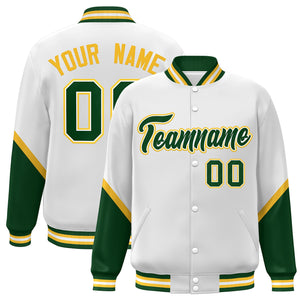 Custom White Green Varsity Full-Snap Color Block Letterman Baseball Jacket