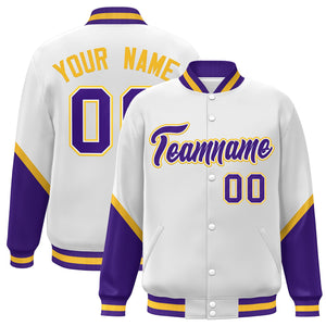 Custom White Purple Varsity Full-Snap Color Block Letterman Baseball Jacket