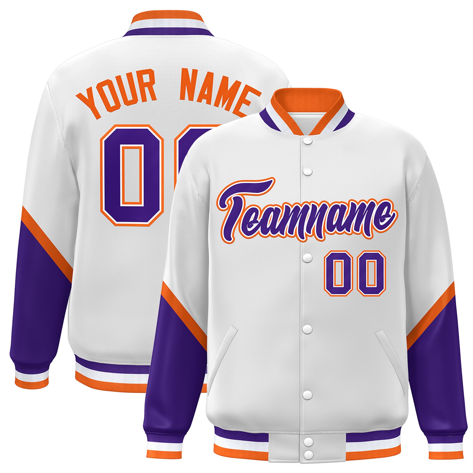 Custom White Purple Varsity Full-Snap Color Block Letterman Baseball Jacket