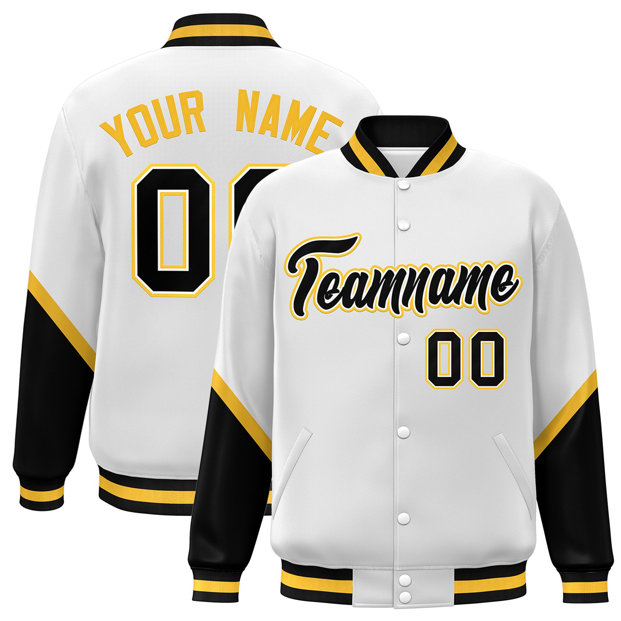 Custom White Black Varsity Full-Snap Color Block Letterman Baseball Jacket