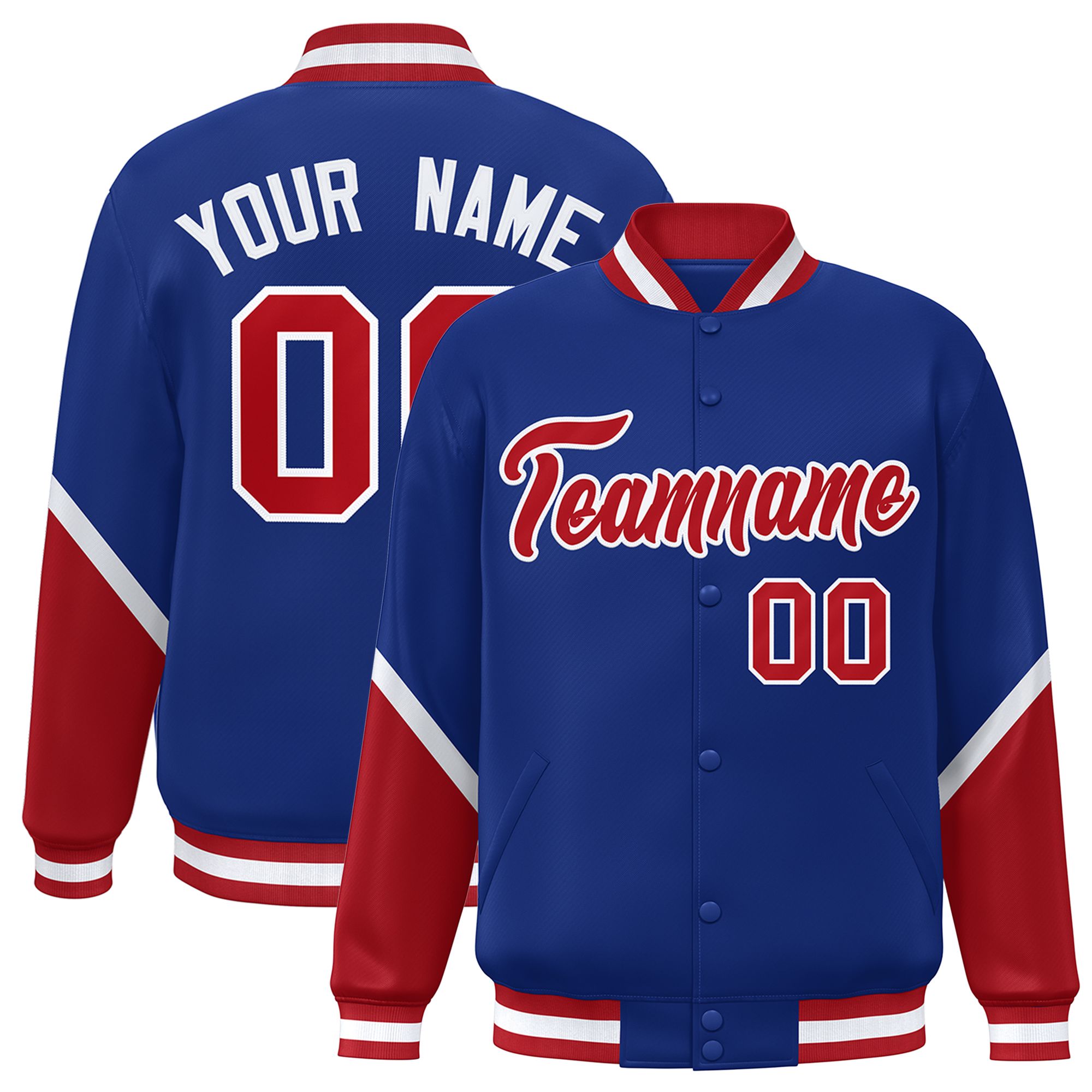 Custom Royal Red Varsity Full-Snap Color Block Letterman Baseball Jacket