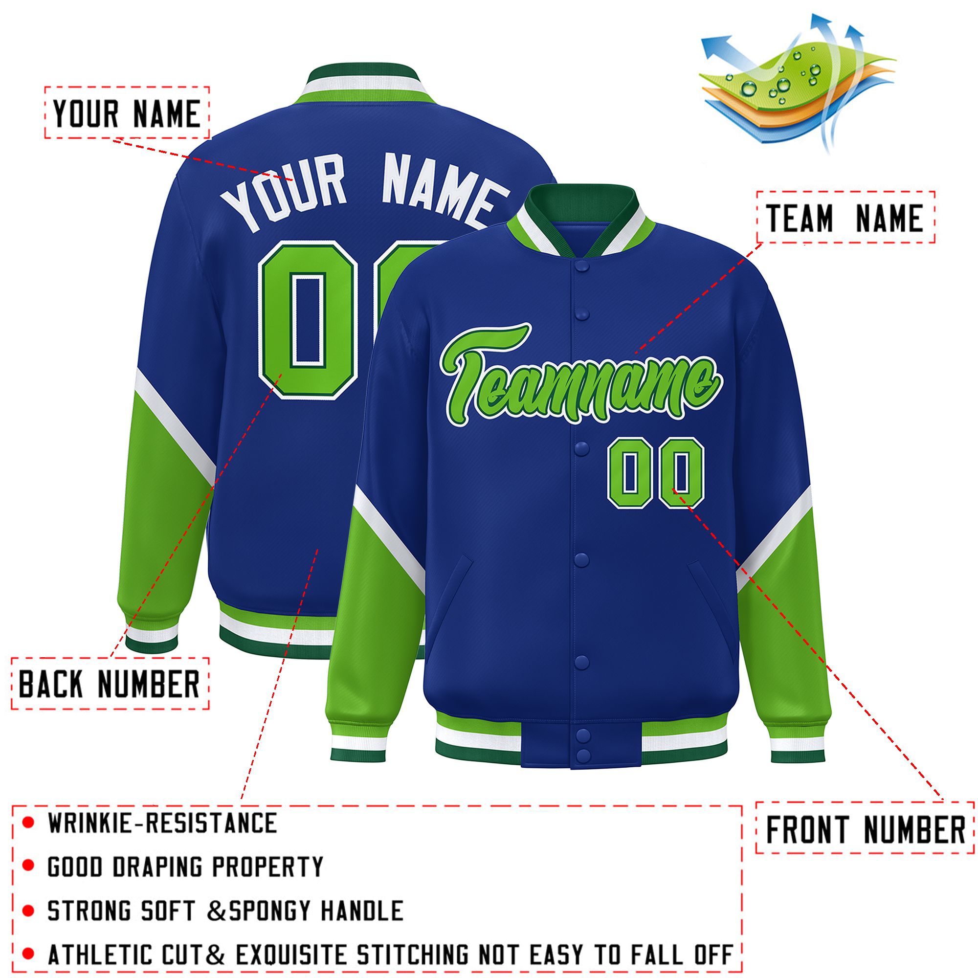 Custom Royal Green Varsity Full-Snap Color Block Letterman Baseball Jacket