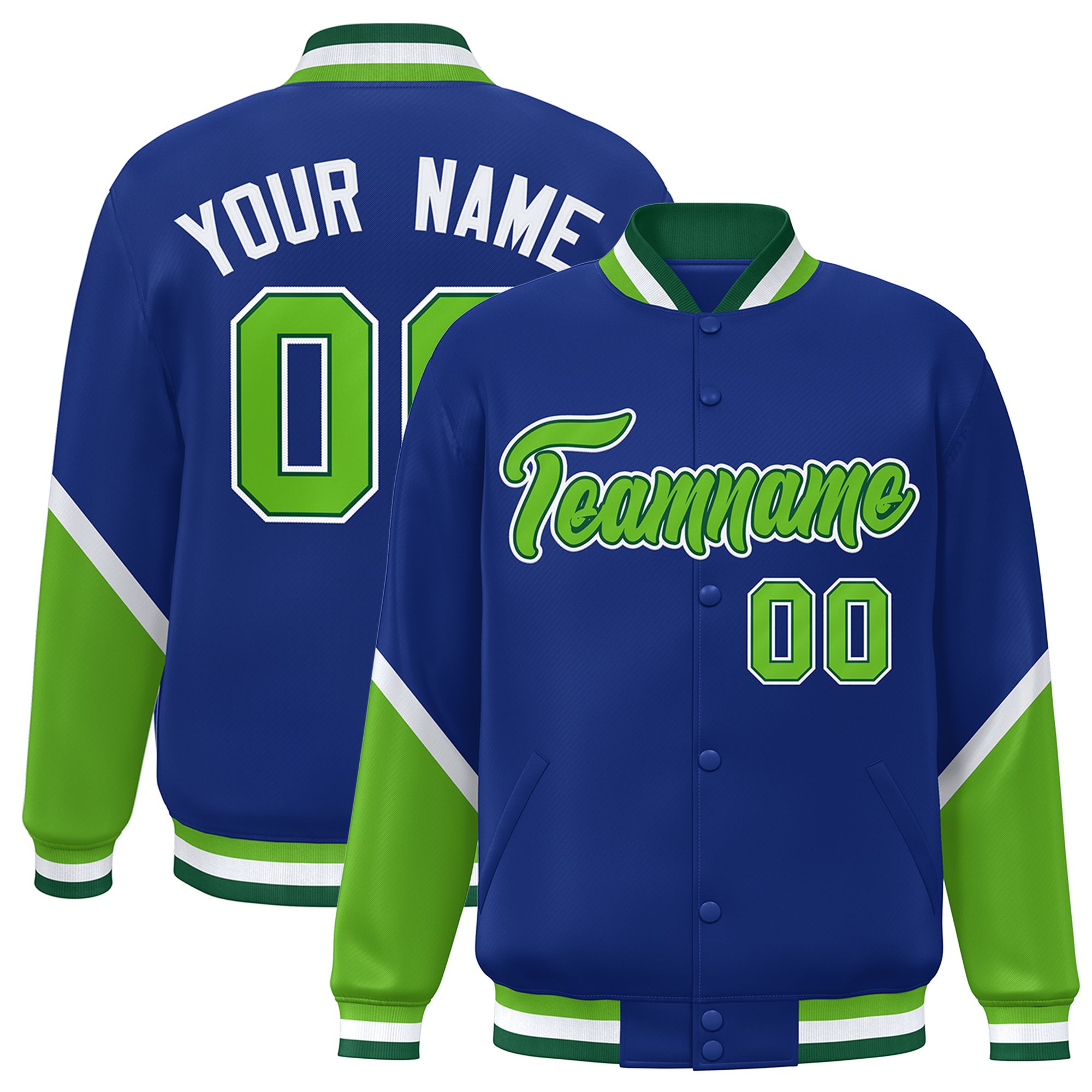 Custom Royal Green Varsity Full-Snap Color Block Letterman Baseball Jacket