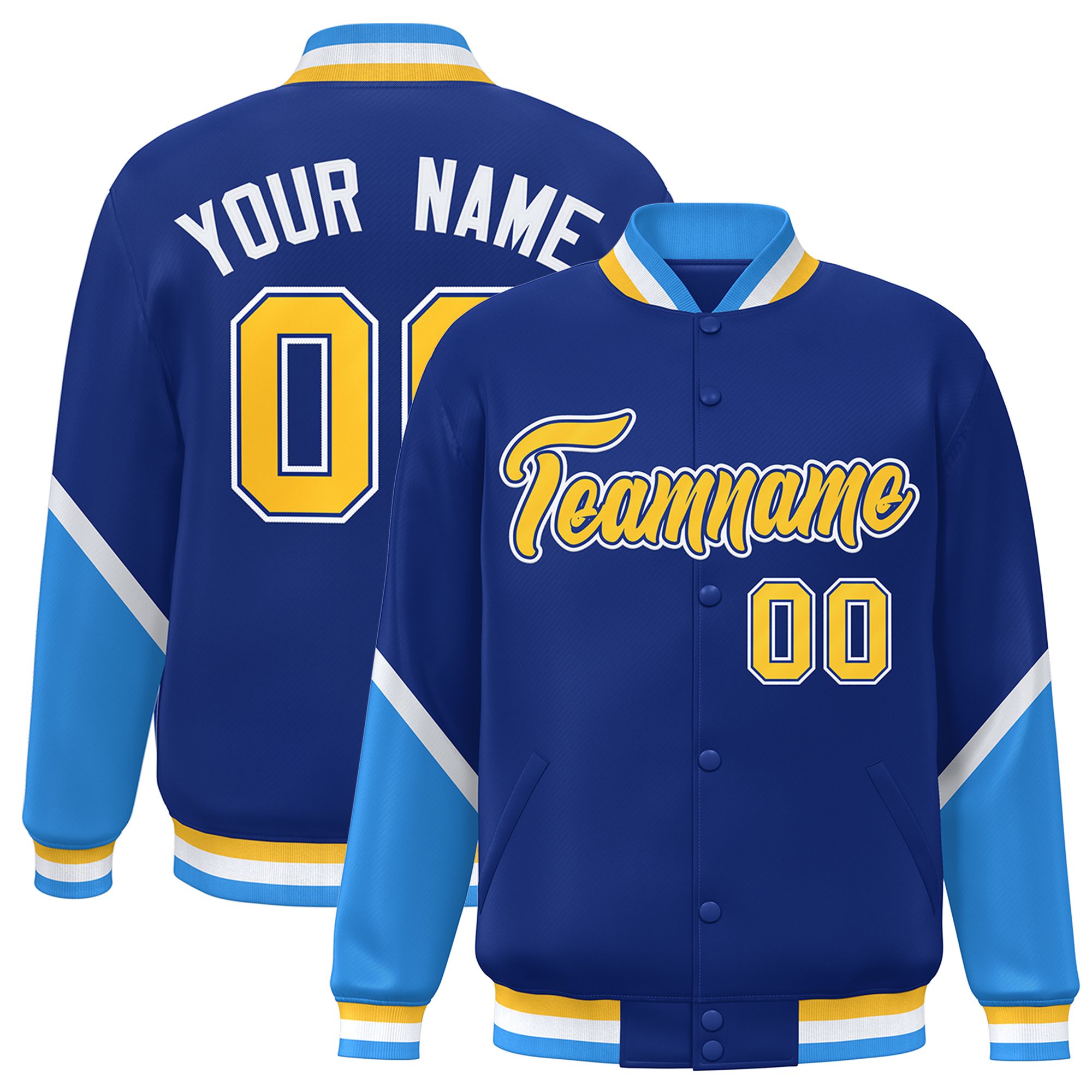 Custom Royal Powder Blue Varsity Full-Snap Color Block Letterman Baseball Jacket