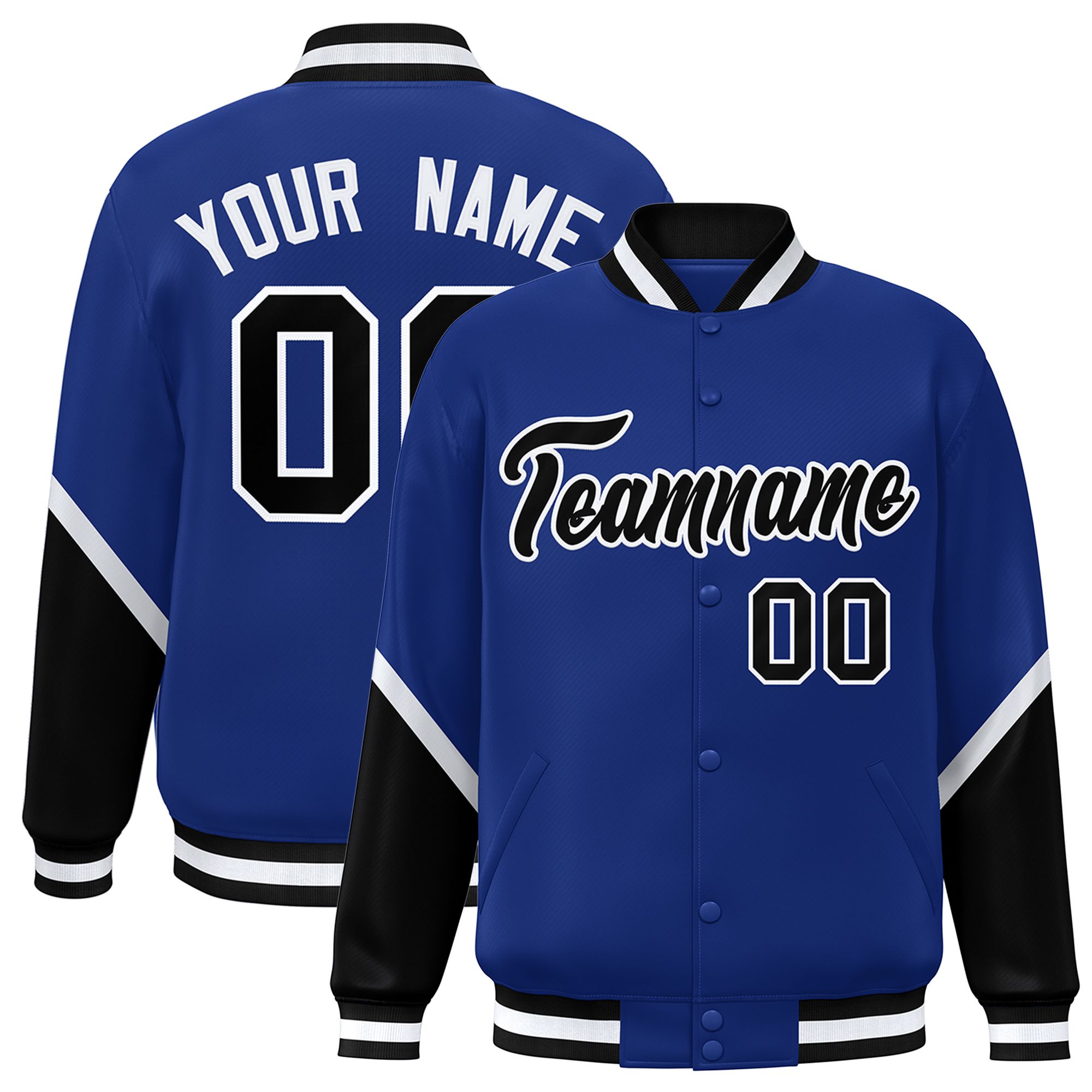 Custom Royal Black Varsity Full-Snap Color Block Letterman Baseball Jacket