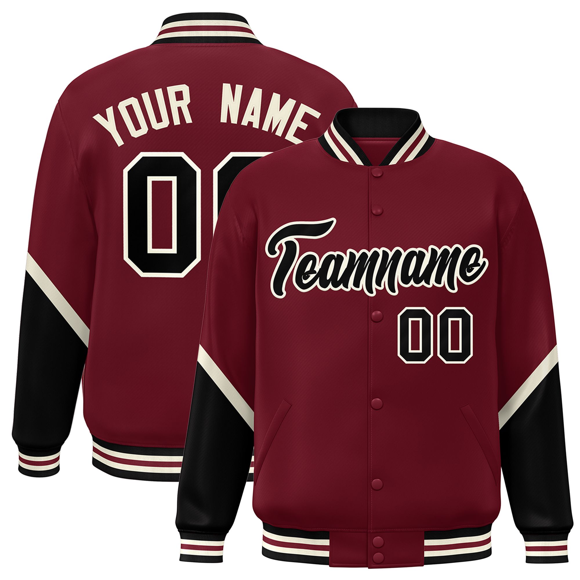 Custom Crimson Black Varsity Full-Snap Color Block Letterman Baseball Jacket