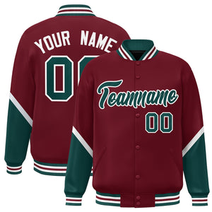 Custom Crimson Midnight Green Varsity Full-Snap Color Block Letterman Baseball Jacket