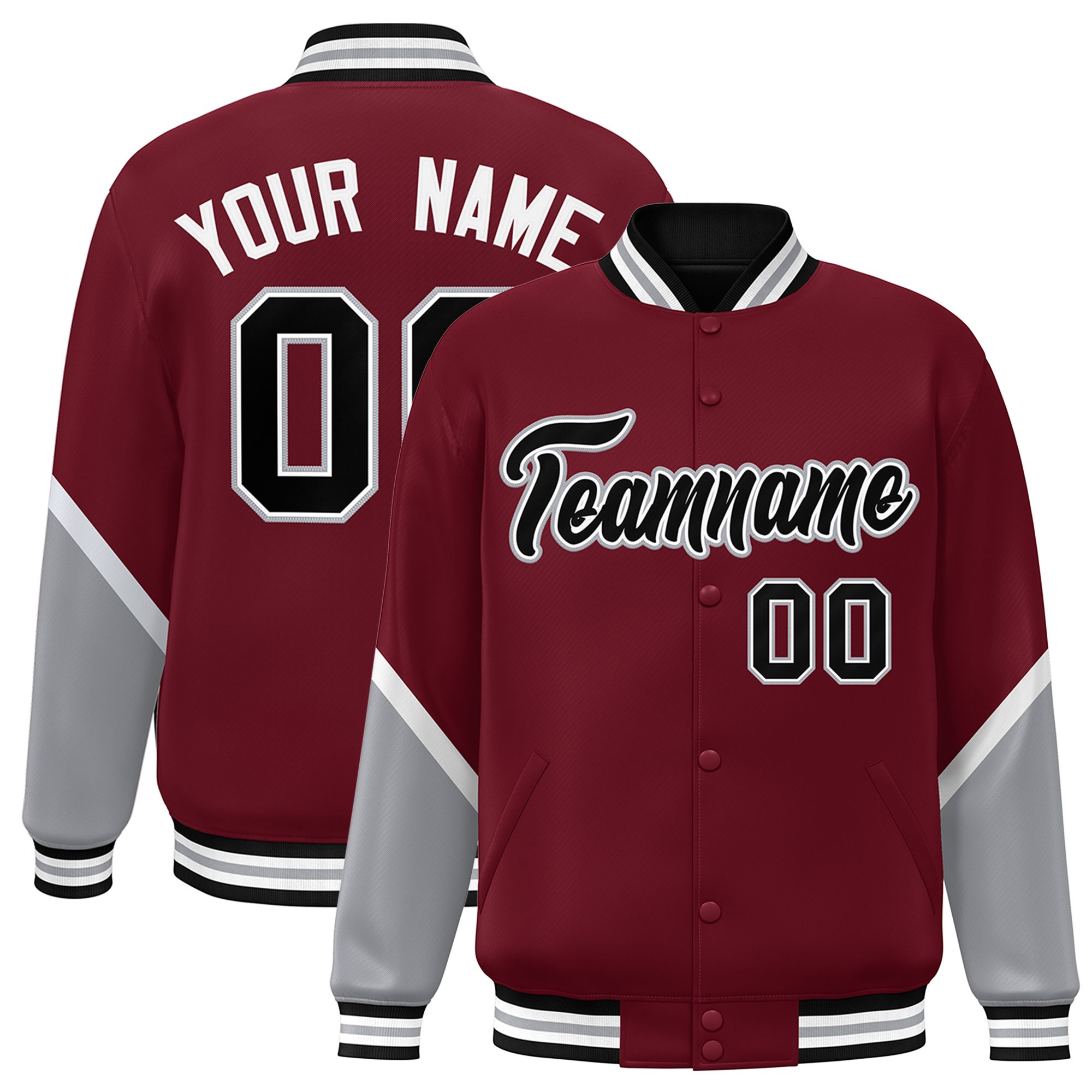 Custom Crimson Gray Varsity Full-Snap Color Block Letterman Baseball Jacket