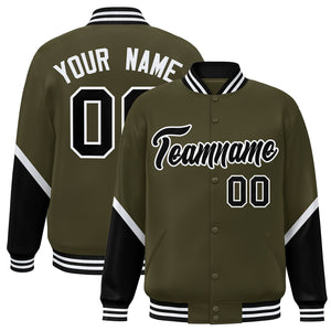 Custom Olive Black Varsity Full-Snap Color Block Letterman Baseball Jacket