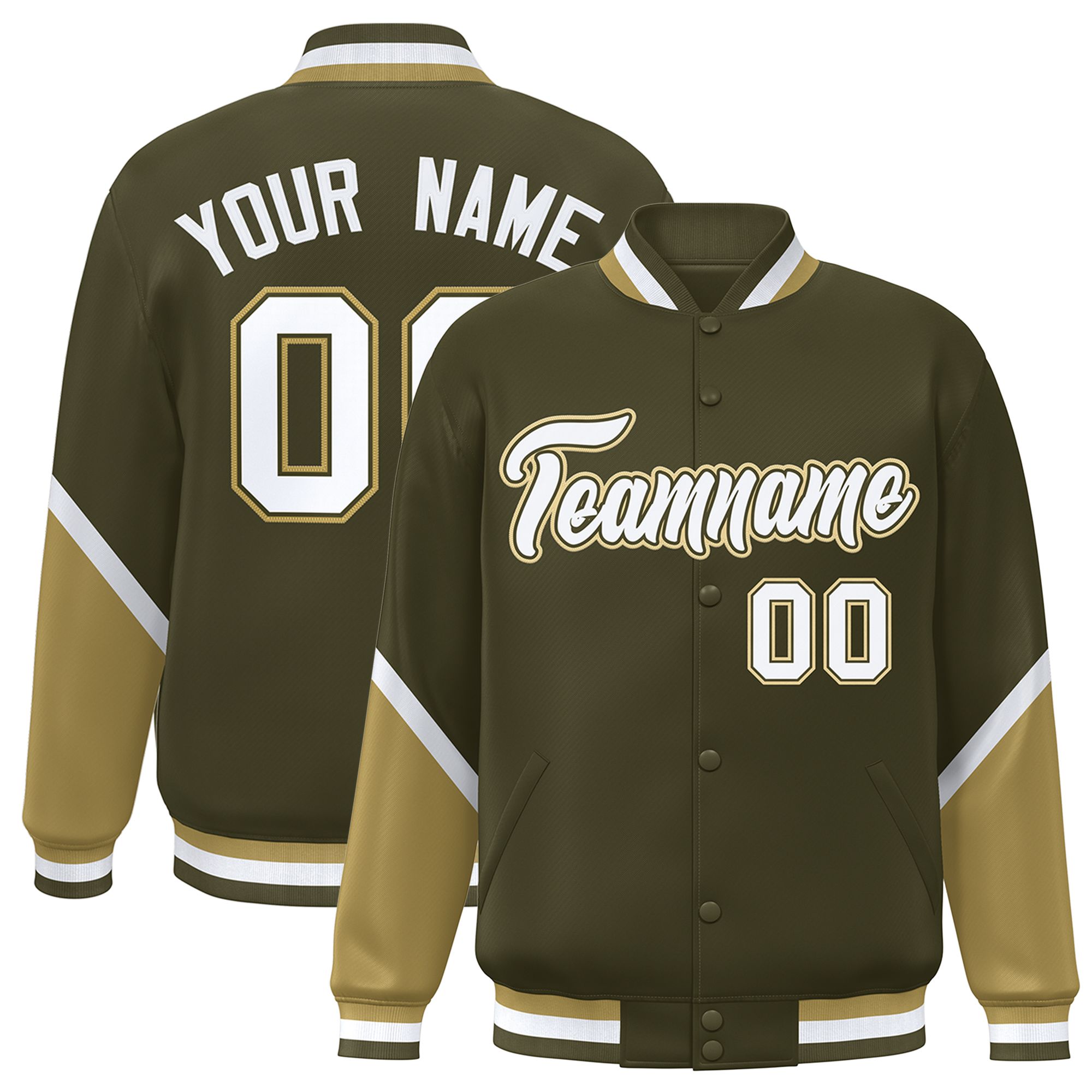 Custom Olive Desert Yellow Varsity Full-Snap Color Block Letterman Baseball Jacket