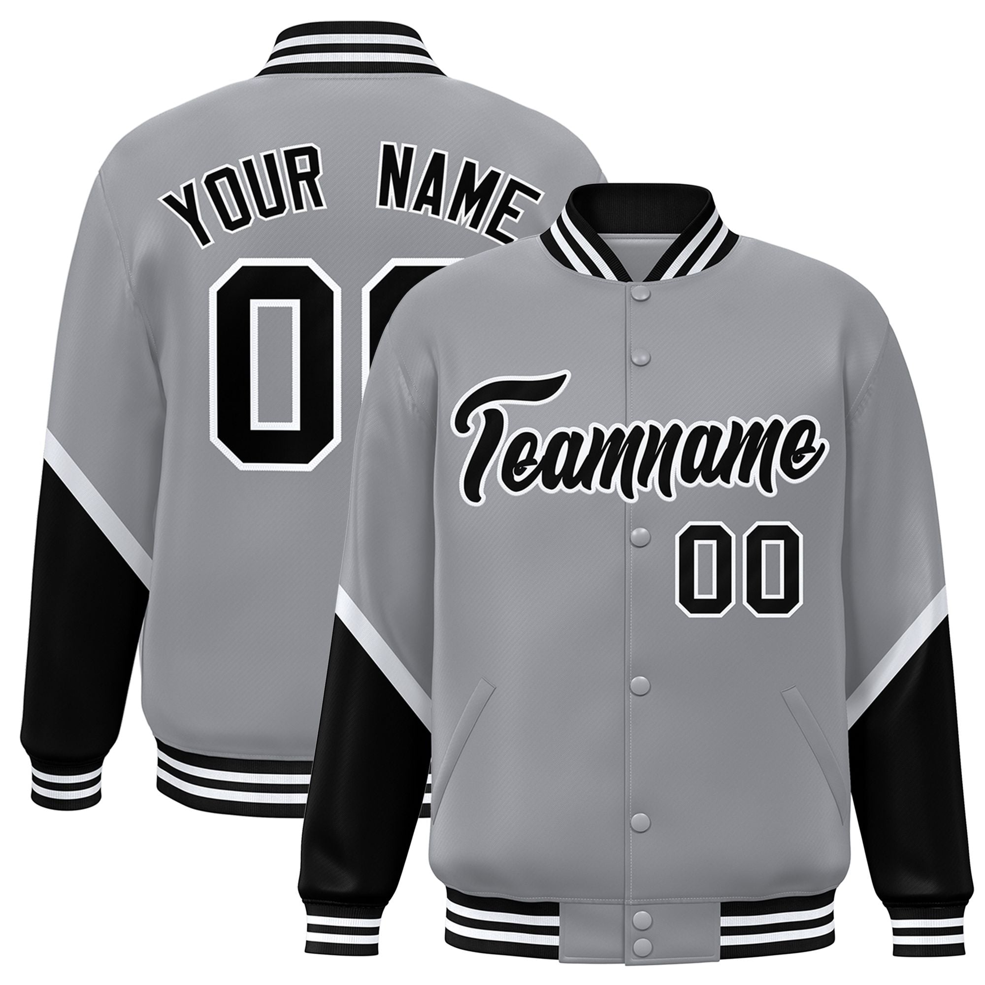 Custom Gray Black Varsity Full-Snap Color Block Letterman Baseball Jacket