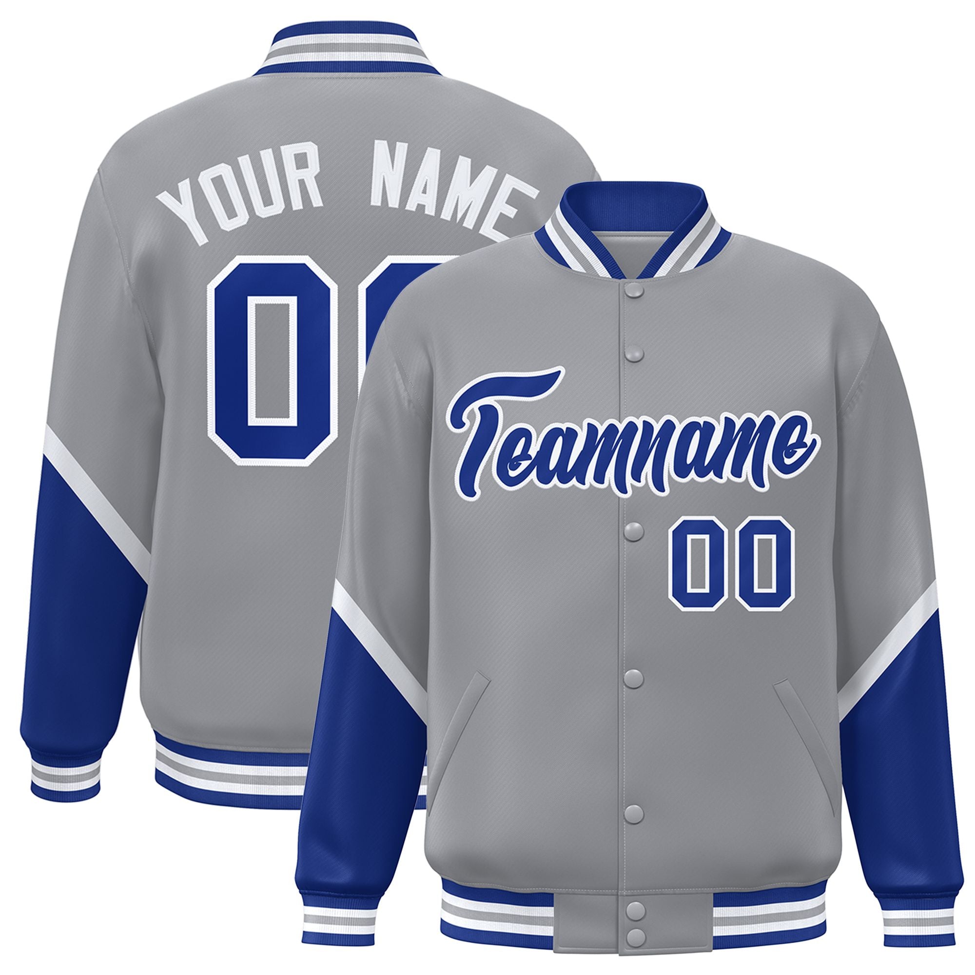 Custom Gray Royal Varsity Full-Snap Color Block Letterman Baseball Jacket