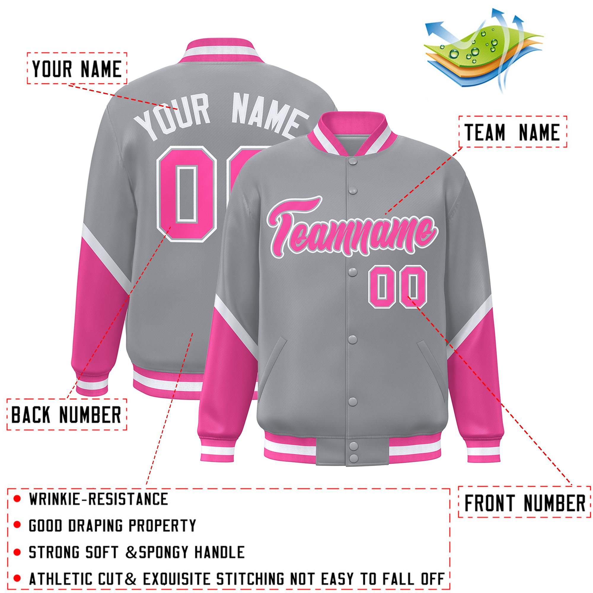 Custom Gray Pink Varsity Full-Snap Color Block Letterman Baseball Jacket