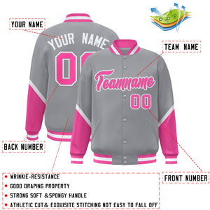 Custom Gray Pink Varsity Full-Snap Color Block Letterman Baseball Jacket