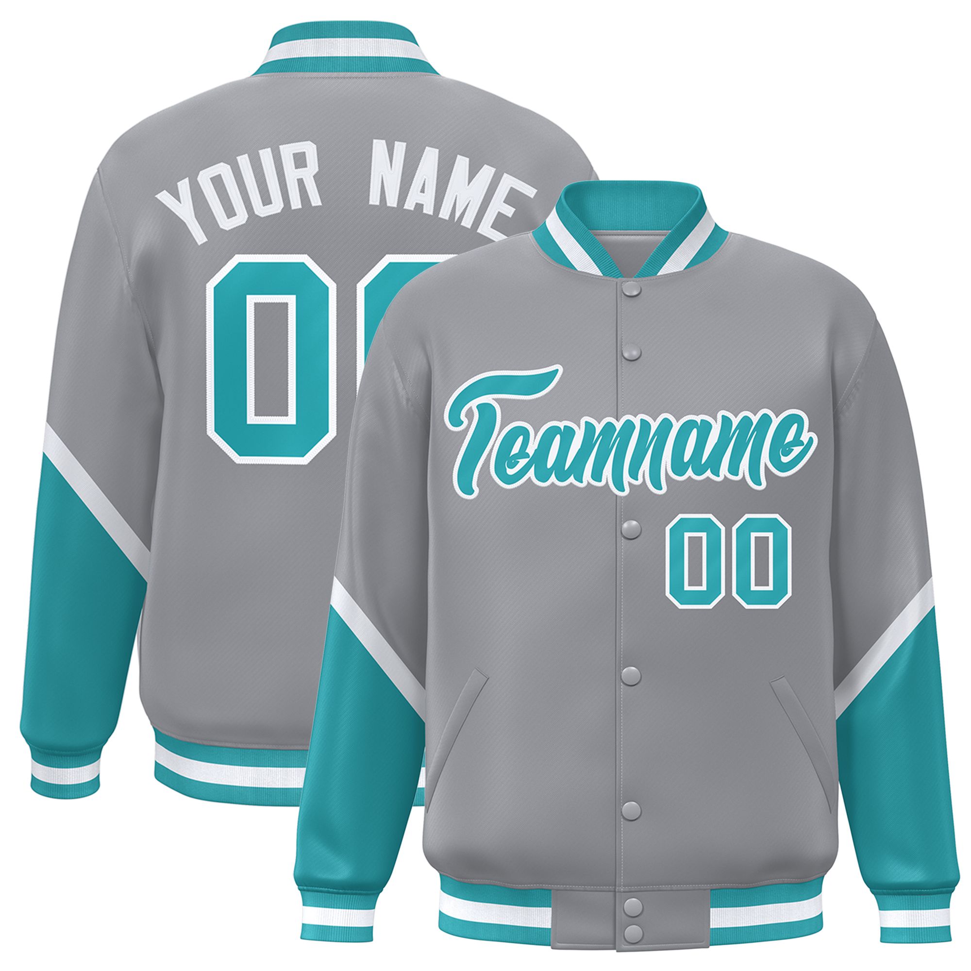 Custom Gray Aqua Varsity Full-Snap Color Block Letterman Baseball Jacket