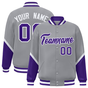 Custom Gray Purple Varsity Full-Snap Color Block Letterman Baseball Jacket