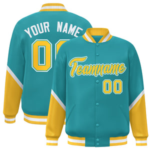 Custom Aqua Gold Varsity Full-Snap Color Block Letterman Baseball Jacket