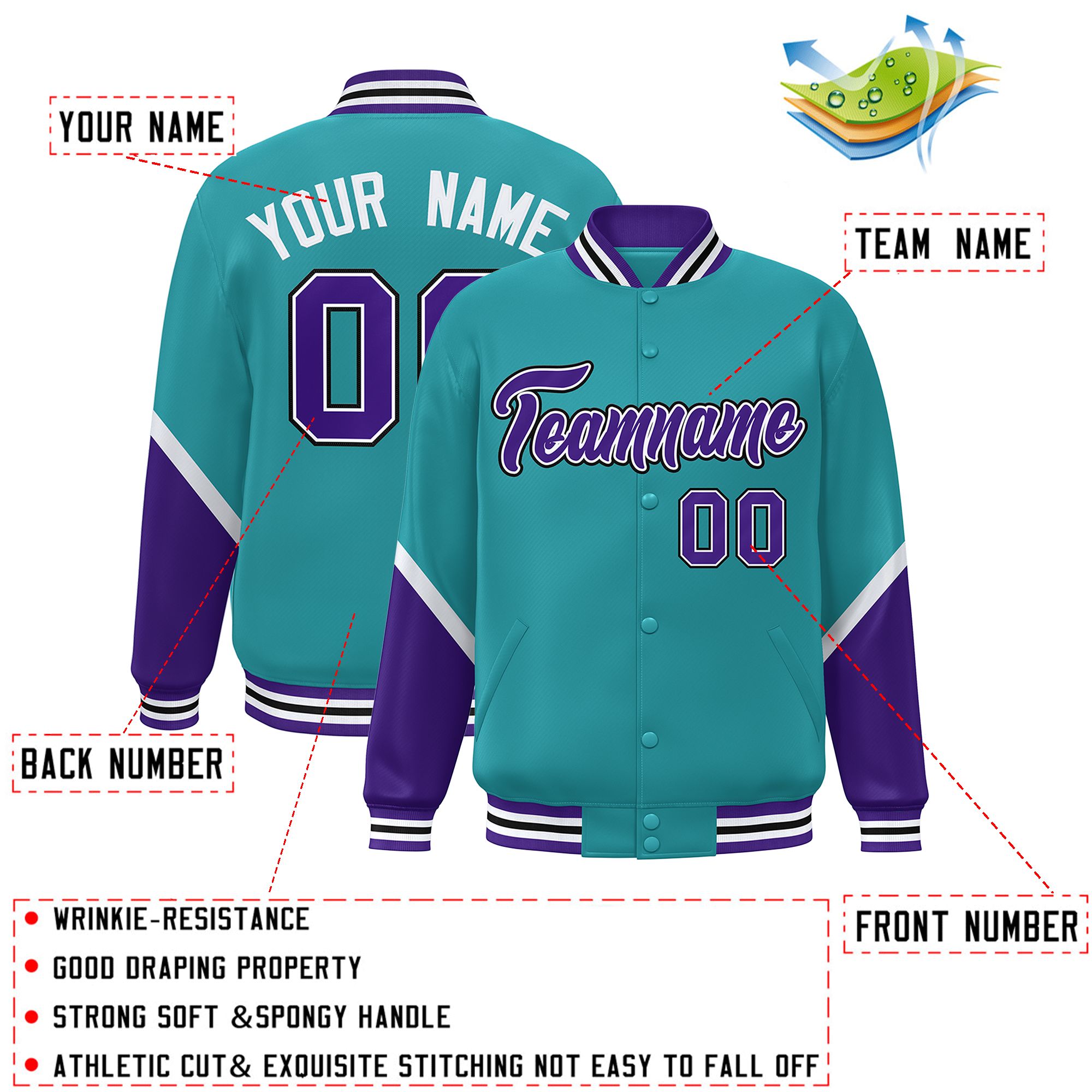 Custom Aqua Purple Varsity Full-Snap Color Block Letterman Baseball Jacket