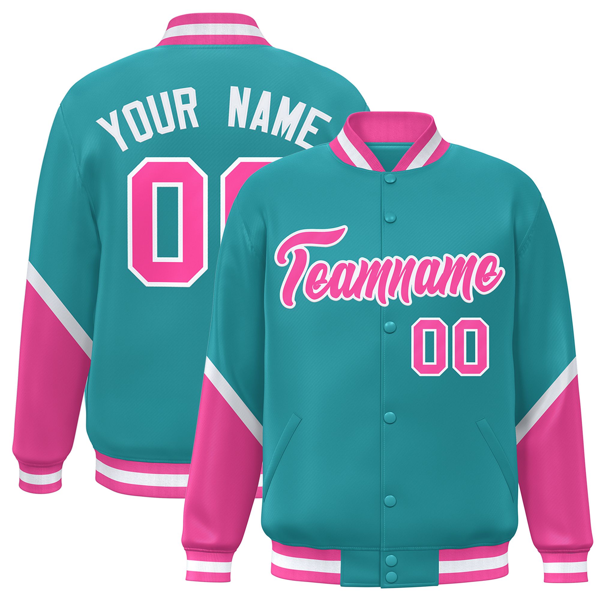 Custom Aqua Pink Varsity Full-Snap Color Block Letterman Baseball Jacket