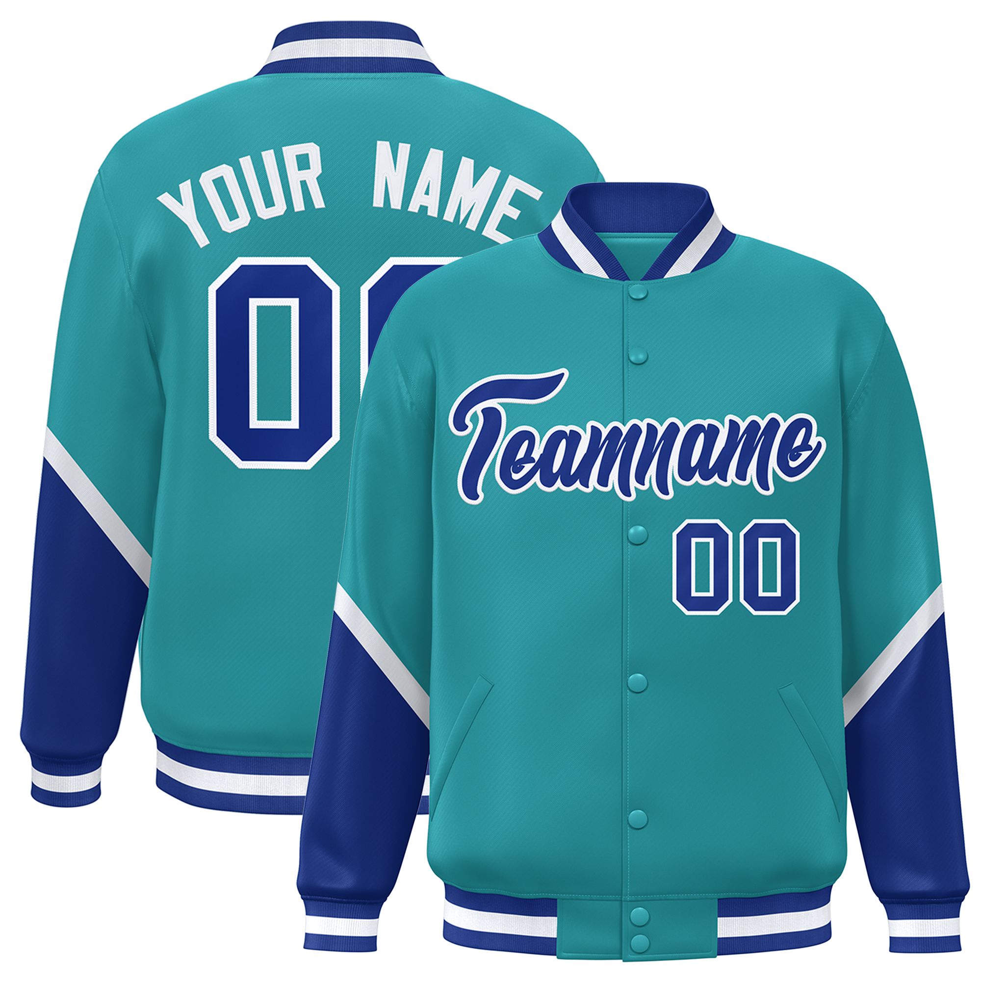 Custom Aqua Royal Varsity Full-Snap Color Block Letterman Baseball Jacket